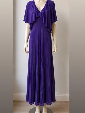Zara Deep Purple V-Neck Pleated Maxi Dress with Ruffle Cape